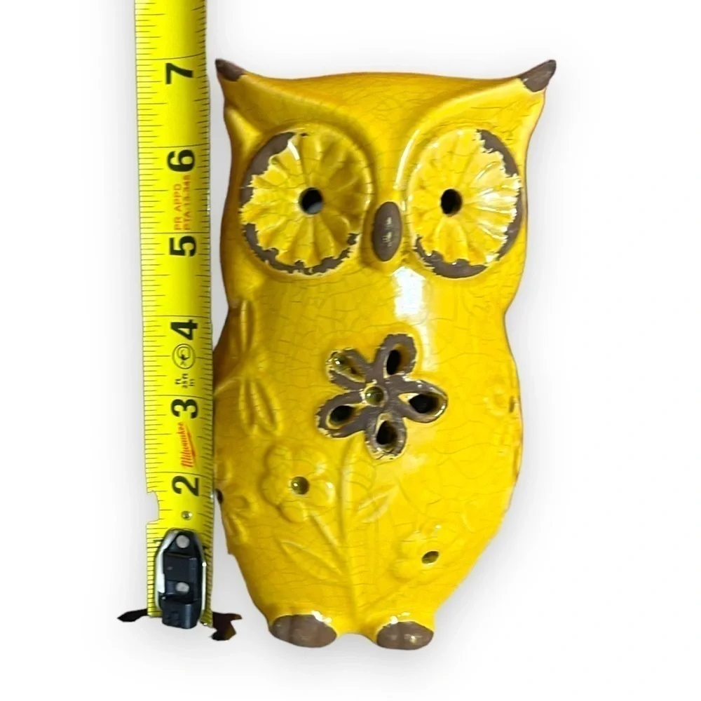 Ceramic Mustard Yellow Owl Floral Relief Luminary with LED Lights Home Decor